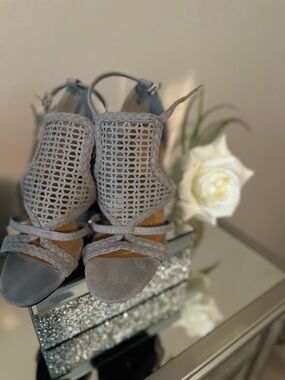 Charlotte Russe Gray Laser-Cut Suede Open-Toe Heels